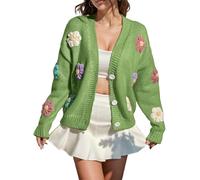 Womens Knit Cardigan Flower Beauty Applique Button up Sweater Coat Aesthetic Embroidery Fluzzy Sweaters for Ladies Cute Fashion Cardigans Long Sleeve Tops Open Front Outfit Clothes for (Green, XL)