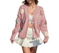 Womens Knit Cardigan Flower Beauty Applique Button up Sweater Coat Aesthetic Embroidery Fluzzy Sweaters for Ladies Cute Fashion Cardigans Long Sleeve Tops Open Front Outfit Clothes for Women (Pink, L)