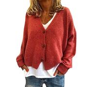 Women's Knit Cardigan Open Front Sweater Coat Long Sleeve Button Down Cardigan V Neck Casual Jumper Coats Solid Loose Cropped Cardigan Knitwear Chunky Knitted Cardigan Sweater Plus Size Red L