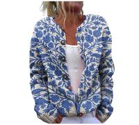 Women's Knit Cardigans Art Floral Printed Long Sleeve Open Front Cardigan Casual Crew Neck Button Down Outwear Winter Comfort Warm Knitted Jumper Outerwear Oversized Loose Sweater Coat(F-Blue,XXL)