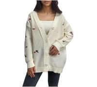 Womens Knit Cardigans Embroidered Floral V Neck Sweater Outerwear Long Sleeve Winter Jumpers Button Down Cardigan Coats Ladies Cable Knit Open Front Knitwear Loose Knitted Jumpers White