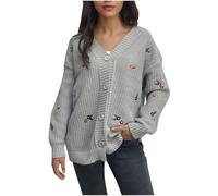 Womens Knit Cardigans Embroidered Floral V Neck Sweater Outerwear Long Sleeve Winter Jumpers Button Down Cardigan Coats Ladies Cable Knit Open Front Knitwear Loose Knitted Jumpers Gray