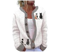 Women's Knit Cardigans, Long Sleeve Button Down Oversized Jumper Sweaters Soft Comfort Slouchy Cute Print Outwear Jackets Ladies Cardigan White