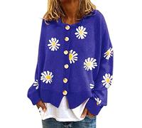 Womens Knit Cardigans Sweaters Floral Print Long Sleeve Crew Neck Sweaters Button Down Ribbed Cuffs Knit Cropped Cardigan Fall Winter Cropped Cardigan Boho Tops Halloween Clothes (Blue, XXL)