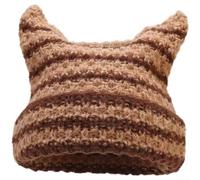 Women's Knit Cat Ear Beanie Hat, Warm Soft Polyester Winter Cap with Cute Ears, Gothic Striped Style for Casual Daily Wear, Cozy Breathable Fashion(Brown)
