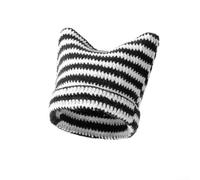 Women's Knit Cat Ear Beanie Hat, Warm Soft Polyester Winter Cap with Cute Ears, Gothic Striped Style for Casual Daily Wear, Cozy Breathable Fashion(Black)
