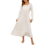 Women's Knit Floral Long Sleeve Cotton Nightgown Button Front Long House Dress with Pokcets (Vintage Rose, XL)