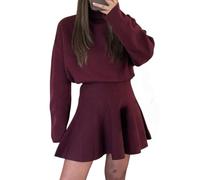 Women's Knit Jumper Dress, Women Sweater Ruffle Hem Dress, Comfortable One-Piece Outfit for Short Fall Dresses for Women (Burgundy,M)