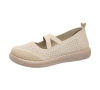 Womens Knit Mary Jane Flats Cross Strap Slip On Casual Shoes Beige