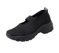 Women's Knit Mary Jane Sneakers Knitting Platform Wedge Walking Shoes Comfortable Breathable Mesh Walking Work Shoes Elastic Ankle Strap Arch Support Gym Running Sneaker Memory Foam Flats Black