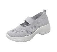 Women's Knit Mary Jane Sneakers Knitting Platform Wedge Walking Shoes Comfortable Breathable Mesh Walking Work Shoes Elastic Ankle Strap Arch Support Gym Running Sneaker Memory Foam Flats Grey