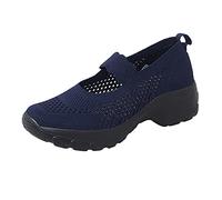 Women's Knit Mary Jane Sneakers Knitting Platform Wedge Walking Shoes Comfortable Breathable Mesh Walking Work Shoes Elastic Ankle Strap Arch Support Gym Running Sneaker Memory Foam Flats Blue