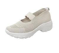 Women's Knit Mary Jane Sneakers Knitting Platform Wedge Walking Shoes Comfortable Breathable Mesh Walking Work Shoes Elastic Ankle Strap Arch Support Gym Running Sneaker Memory Foam Flats Beige