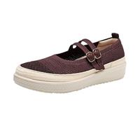 Women's Knit Mesh Mary Jane Casual Shoes with Thick Soles Double Metal Buckle Strap Breathable Slip on Flats Shoes Lightweight Comfortable Non Slip Daily Walking Footwear Size 4 Coffee