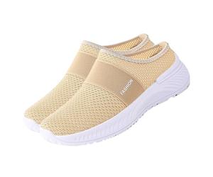 Women's Knit Orthopedic Trainers Mesh Arch Support Walking Shoe Wide Width Slip-On Backless Trainer Lightweight Comfy Loafers Trendy Running Trainer (Beige, 7.5)