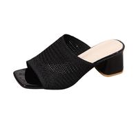 Womens Knitted Block Heel Mules Peep Toe Slip On Slide Sandals Ladies Open Back Mid Heel Clogs Breathable Casual Summer Dress Shoes Black
