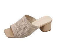 Womens Knitted Block Heel Mules Peep Toe Slip On Slide Sandals Ladies Open Back Mid Heel Clogs Breathable Casual Summer Dress Shoes Beige