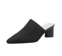 Women's Knitted Block Heel Mules Size 4 Pointed Toe Slip on Backless Loafers Comfortable Breathable Casual Dress Office Shoes for Ladies UK Summer Mesh Sandals Black