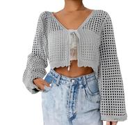 Women's Knitted Cardigan Tie Front Bell Long Sleeve Knit Crochet Crop Tops Ladies Dressy Lightweight Hollow Out Bolero Shrug Sweater Summer Beach Coverup for Dresses
