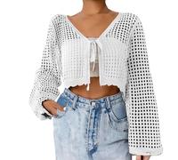Women's Knitted Cardigan Tie Front Bell Long Sleeve Knit Crochet Crop Tops Ladies Dressy Lightweight Hollow Out Bolero Shrug Sweater Summer Beach Coverup for Dresses