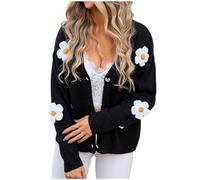 Womens Knitted Cardigans Sweater Coat Button Down Cute Flower Print Shirts Open Front Long Sleeve Sweatshirt Warm Soft Knitwear Ladies Autumn Tops Trendy Clothing Black