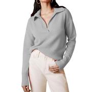 Women's Knitted Collared Sweaters V-Neck Shirts Long Sleeve Ribbed Dressy Casual Business Basic Knit Pullover Top Light Gray Small