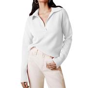 Women's Knitted Collared Sweaters V-Neck Shirts Long Sleeve Ribbed Dressy Casual Business Basic Knit Pullover Top White XX-Large