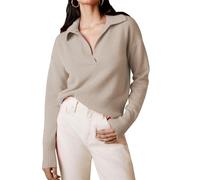 Women's Knitted Collared Sweaters V-Neck Shirts Long Sleeve Ribbed Dressy Casual Business Basic Knit Pullover Top Khaki Large