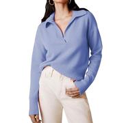Women's Knitted Collared Sweaters V-Neck Shirts Long Sleeve Ribbed Dressy Casual Business Basic Knit Pullover Top Blue Large