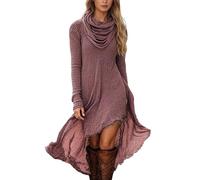 Women's Knitted Dress with Large Cowl Neck - Long Sleeve Jumper Dress with Asymmetric Hem Casual Boho Autumn Dress for Cool Days, Style_x03 Red, M