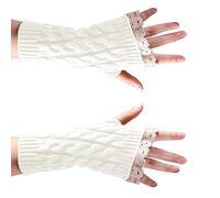 Women's Knitted Fingerless Mittens Lace Casual Half Gloves Warm Soft Knit Solid Handwear Winter Accessories (White, A)