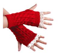 Women's Knitted Fingerless Mittens Lace Casual Half Gloves Warm Soft Knit Solid Handwear Winter Accessories (Red, A)