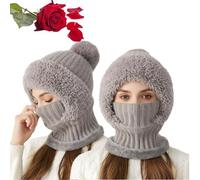 Women's Knitted Hat in Autumn and Winter,3 in 1 Cold Resistant Hat,Womens Winter Warm Beanies Hat,Wind-Resistant Scarf Hat Face Mask,Cold Wind Warm Resistant Hooded Scarf Face Mask (Grey)