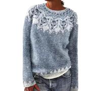 Women's Knitted Isle Print Retro Sweater Casual Loose Crewneck Long Sleeve Lightweight Cropped Pullover Tops Womens Light Sweater