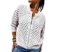 Women's Knitted Jacket with Zipper and Cutouts,Womens Zip Up Crochet Cardigan Sweater,Women Hollow Out Knit Top,Crochet Tops Knitted Outerwear (White,L)