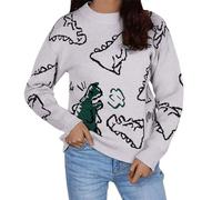 Women's Knitted Jumper Elegant Christmas Turtleneck Jumper Women's Knitted Jumper with Dinosaur Print Oversized Jumper Preppy E-Girl Streetwear, White, L