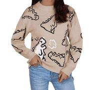 Women's Knitted Jumper Elegant Christmas Turtleneck Jumper Women's Knitted Jumper with Dinosaur Print Oversized Jumper Preppy E-Girl Streetwear, khaki, L