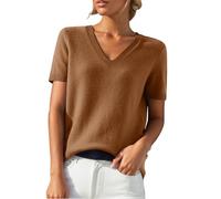 Women's Knitted Jumper With Short Sleeve Soft V-Neck Sweaters Cable Knit Elegant Jumper Elasticated Spring Wool Blend Pullover T-Shirt Top Outfits Ladies Light Knits Autumn Winter Shirt Jumpers Coffee