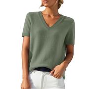 Women's Knitted Jumper with Short Sleeve Soft V-Neck Sweaters Cable Knit Elegant Jumper Elasticated Spring Wool Blend Pullover T-Shirt Top Ladies Light Knits Autumn Winter Shirts Jumpers Light Green