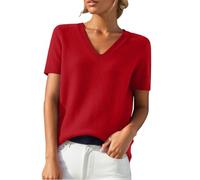 Women's Knitted Jumper with Short Sleeve Soft V-Neck Sweaters Cable Knit Elegant Jumper Elasticated Spring Wool Blend Pullover T-Shirt Top Outfits Ladies Light Knits Autumn Winter Shirts Jumpers Red