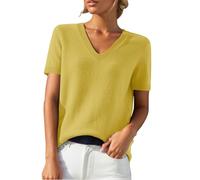 Women's Knitted Jumper with Short Sleeve Soft V-Neck Sweaters Cable Knit Elegant Jumper Elasticated Spring Wool Blend Pullover T-Shirt Outfits Ladies Light Knits Autumn Winter Shirts Jumpers Yellow