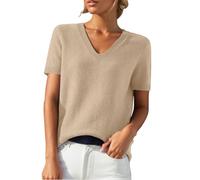 Women's Knitted Jumper with Short Sleeve Soft V-Neck Sweaters Cable Knit Elegant Jumper Elasticated Spring Wool Blend Pullover T-Shirt Outfits Ladies Light Knits Autumn Winter Shirts Jumpers A1-Khaki