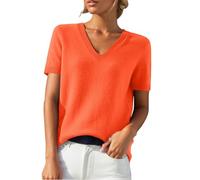 Women's Knitted Jumper with Short Sleeve Soft V-Neck Sweaters Cable Knit Elegant Jumper Elasticated Spring Wool Blend Pullover T-Shirt Outfits Ladies Light Knits Autumn Winter Shirts Jumpers Orange