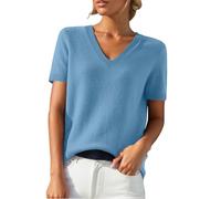 Women's Knitted Jumper with Short Sleeve Soft V-Neck Sweaters Cable Knit Elegant Jumper Elasticated Spring Wool Blend Pullover T-Shirt Top Outfits Ladies Knits Autumn Winter Shirts Jumpers Sky Blue