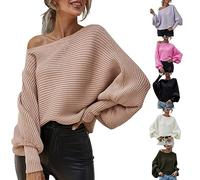 Womens Knitted Jumpers, Ladies Slash Neck Top - Loose Casual Off The