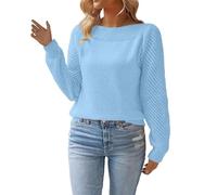 Womens Knitted Jumpers Lightweight Ladies Sweaters Loose Long Sleeve Hollow Out Jumper Cosy Striped Crew Neck Pullover Sweaters for Women Oversize Solid Color Ladies Tops Casual Knitwear Sky Blue