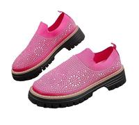 Women's Knitted Mesh Platform Slip On Rhinestone Loafers, Fashion Glitter Chunky Heel Sneakers, Casual Slip-On Walking Shoes for Work Driving (Rose Red,6)