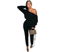 Womens Knitted Off The Shoulder Tracksuit Ladies Active Sports Fine Knit Cuffed Top and Bottom Set 2 Pcs Jogging Suit Women's Knitted Off The Shoulder Tracksuit Plus Size (Black UK 8-10)