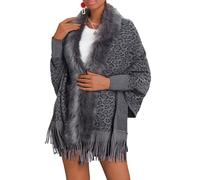 Womens Knitted Poncho Cape Leopard Print Fringe Cape Shawl Fur Collar Cape Batwing Sleeve Open Front Oversized Blanket Cardigan Elegant Knitted Sweater Coats Shawls and Wraps for Party Evening Dresses