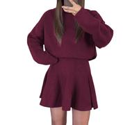 Women's Knitted Pullover Dress, One-Piece Outfit for Short Fall Dresses for Women, Pullover Sweater Dress (Wine,L)